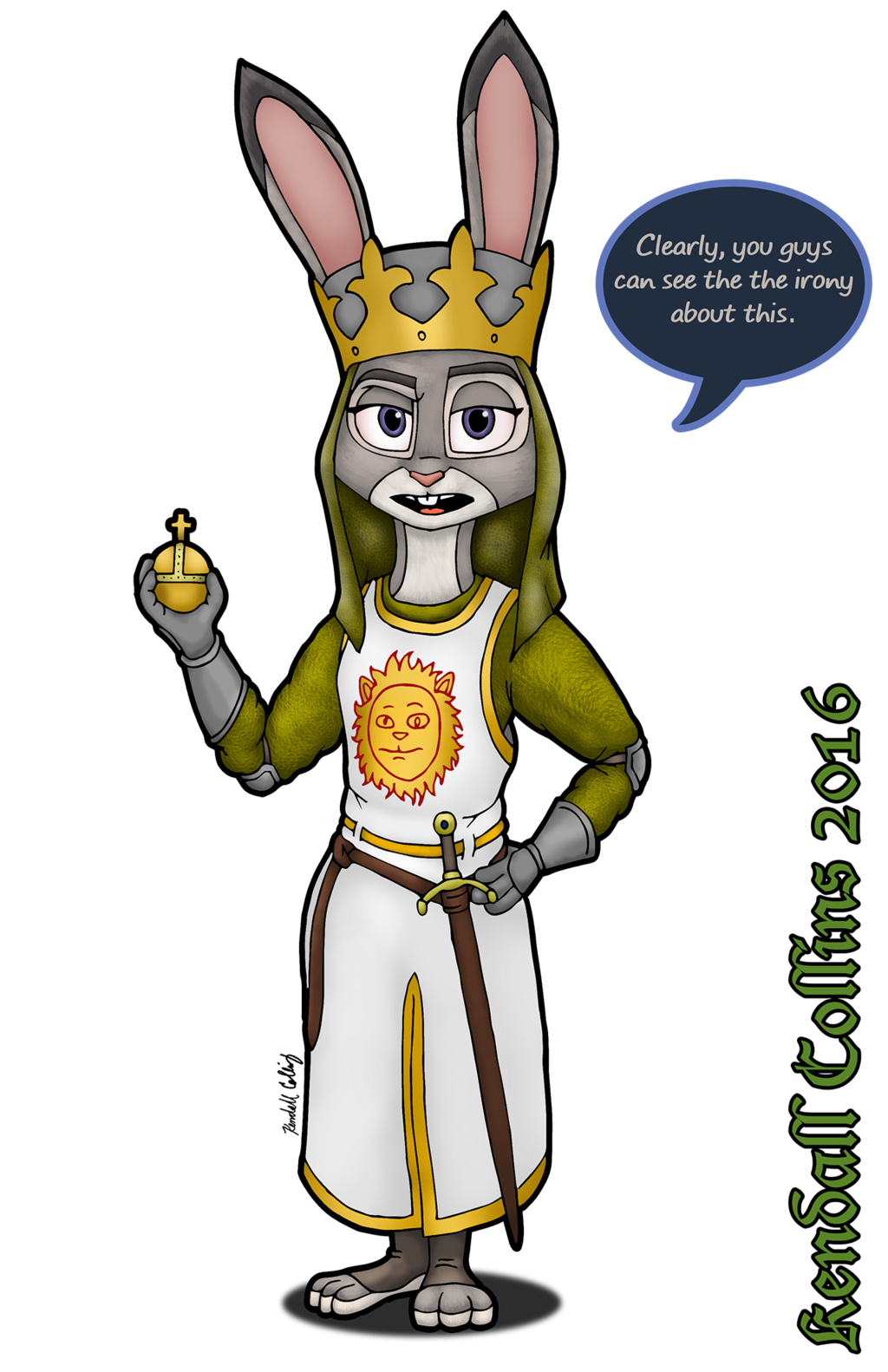 2016 alpha_channel anthro armor barefoot buckteeth clothing crossover crown dialogue disney explosives female gloves grenade hand_on_hip hi_res holding_object holding_weapon holy_hand_grenade_of_antioch judy_hopps kendall_collins lagomorph looking_at_viewer mammal melee_weapon monty_python_and_the_holy_grail purple_eyes rabbit simple_background solo sword teeth transparent_background weapon zootopia
