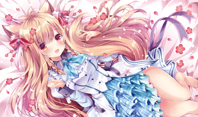 :d animal_ears arms_at_sides bangs barefoot bed_sheet blonde_hair blush braid breasts dress eyebrows_visible_through_hair flower fox_ears fox_girl fox_tail from_above hand_up knee_up large_breasts layered_dress long_hair looking_at_viewer lying mito_kohaku nogi_takayoshi on_back open_mouth red_eyes red_flower school_uniform single_braid smile solo tail tayutama_2 toes