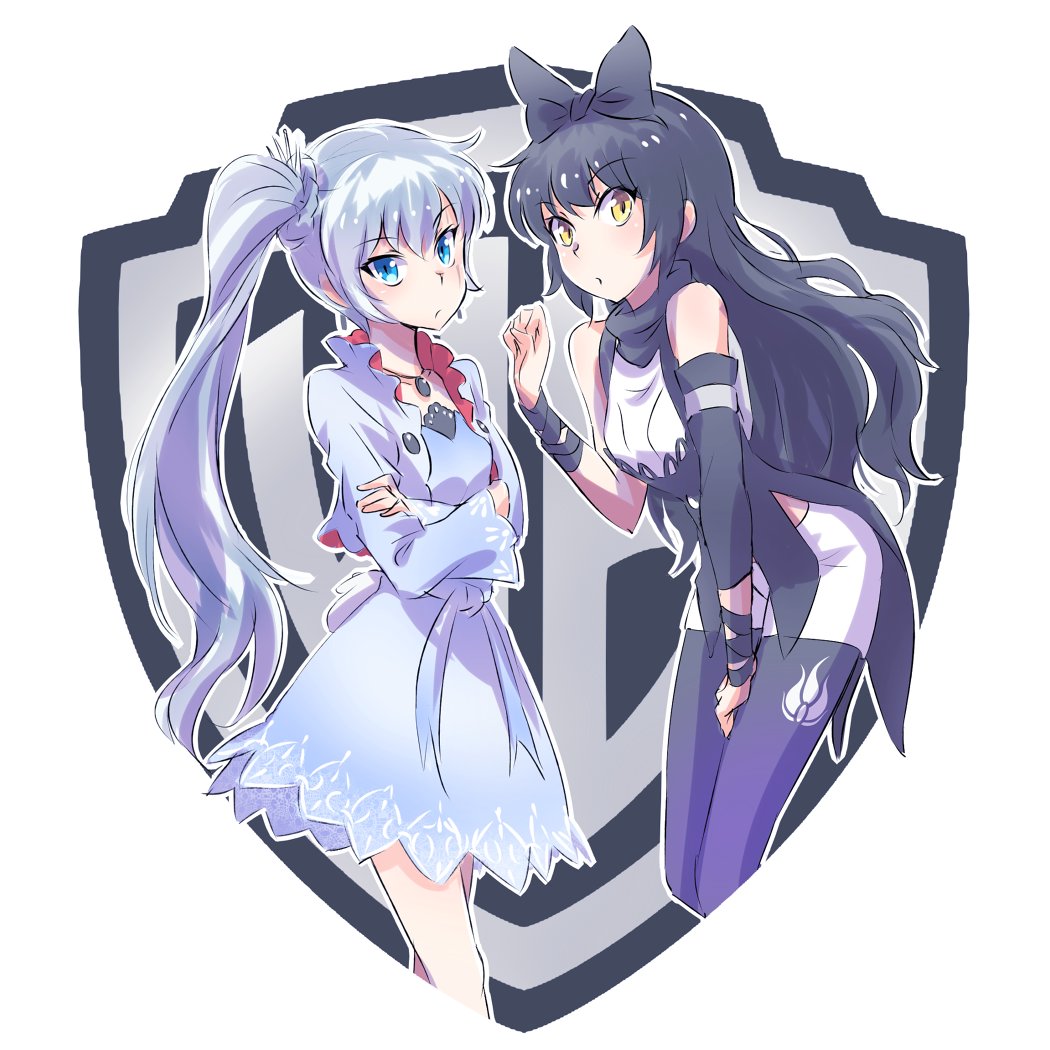 black_hair blake_belladonna blue_eyes bow commentary company_connection hair_bow iesupa logo looking_at_viewer multiple_girls pantyhose ponytail pun rwby scar warner_bros weiss_schnee white_hair yellow_eyes