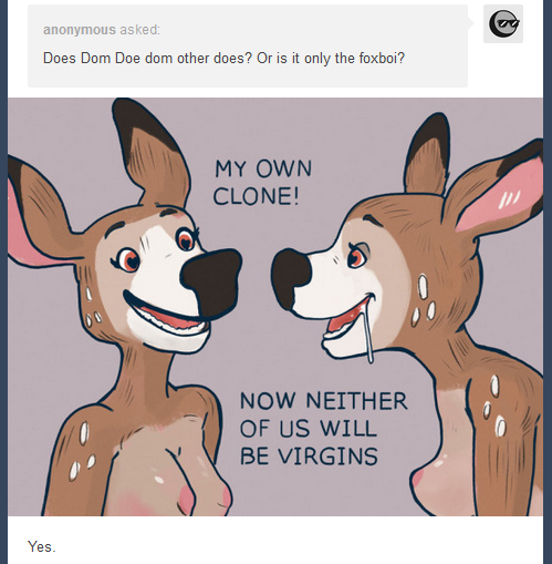 &lt;3 &lt;3_eyes 2016 anon anthro ask_blog bdsm breasts brown_fur cervine deer dialogue dom_doe drooling duo english_text female fur humor mammal meme newd nipples nude open_mouth saliva simple_background smile teeth text tumblr