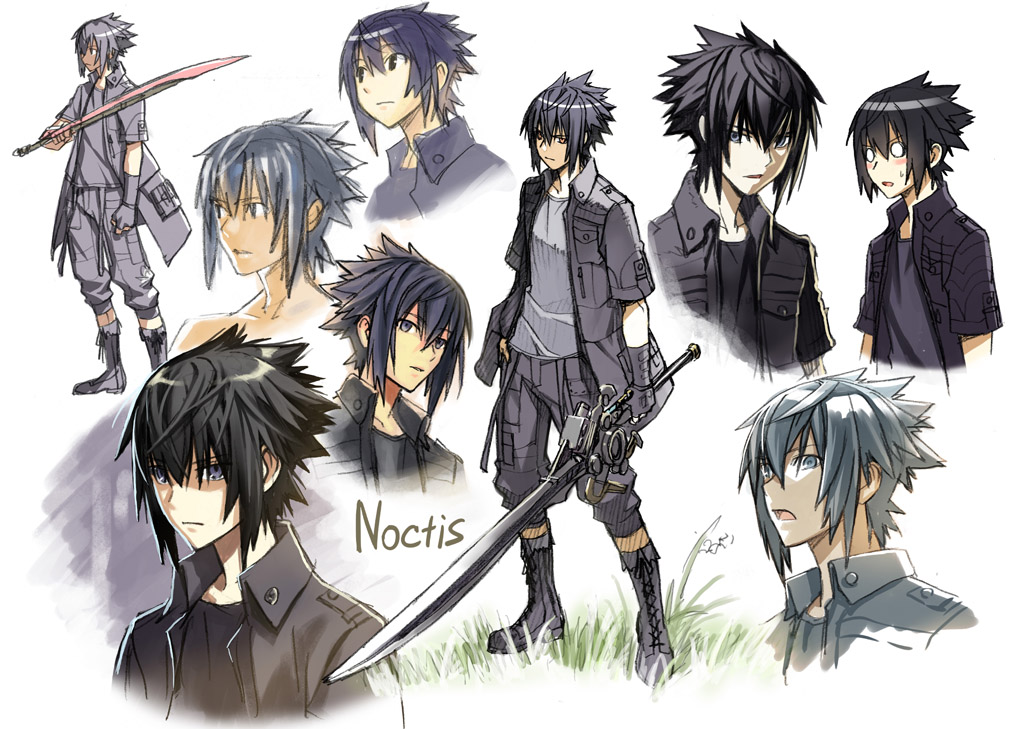 black_hair black_jacket blush_stickers boots character_name decoponmagi engine_blade final_fantasy final_fantasy_xv fingerless_gloves gloves jacket male_focus multiple_views noctis_lucis_caelum single_glove spiked_hair sweatdrop sword weapon