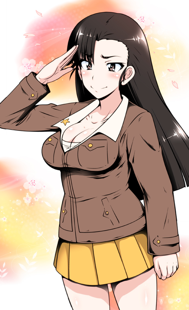 a-teru_haito asymmetrical_bangs bangs breasts brown_eyes brown_hair chi-hatan_military_uniform cleavage girls_und_panzer large_breasts military military_uniform nishi_kinuyo salute skirt solo thighs uniform