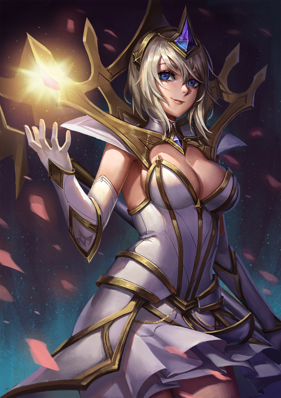 armpits bangs blue_eyes breasts cleavage closed_mouth commentary_request cowboy_shot dress elbow_gloves elementalist_lux gloves hair_ornament hairband headgear highres hou_akira league_of_legends light_elementalist_lux looking_at_viewer luxanna_crownguard medium_breasts short_dress short_hair sideboob silver_hair smile solo white_dress white_gloves