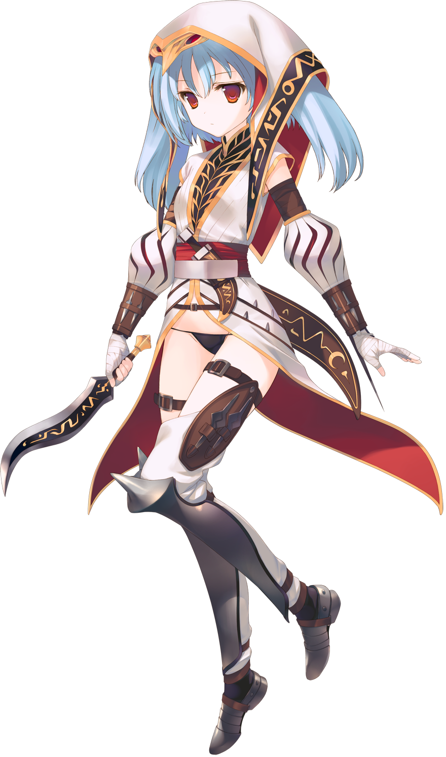 aquaplus armor armored_boots blue_hair boots bou dungeon_travelers_2 expressionless flat_chest full_body highres holding holding_knife knife official_art red_eyes solo transparent_background tsurara_(dungeon_travelers_2)