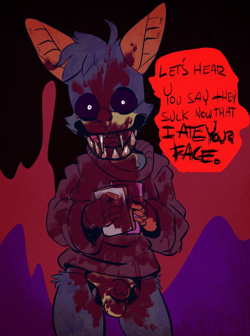 animatronic anthro balls bat beamz blood cub dialogue english_text fan_character five_nights_at_freddy's flat_colors front_view fur half-erect holding_object humanoid_penis invalid_tag looking_at_viewer machine male mammal open_mouth oversized_shirt partially_retracted_foreskin penis pink_fur robot solo speech_bubble standing sweatshirt talking_to_viewer text uncut video_games yopo young