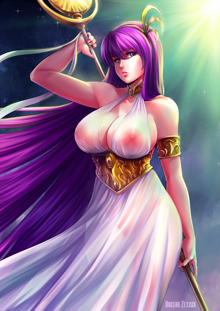 1girl areolae armlet bare_shoulders breasts cleavage curvy doctorzexxck dress erect_nipples female hair_ornament highres kido_saori large_breasts lips long_hair looking_at_viewer nipples no_bra no_panties no_underwear purple_eyes purple_hair saint_seiya see-through solo staff standing star sun very_long_hair