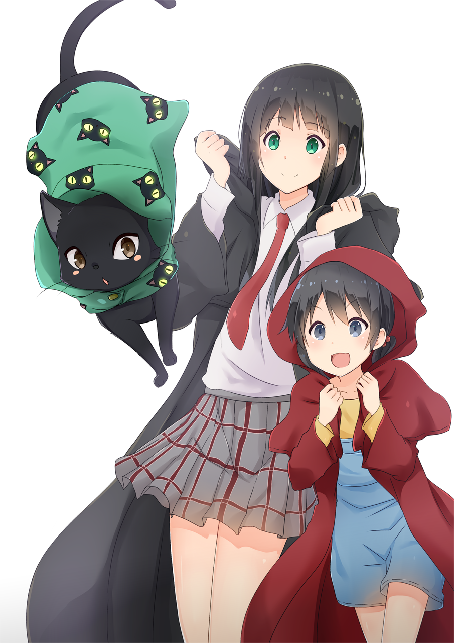 :d animal animal_print bangs black_cat black_eyes black_hair blunt_bangs blush blush_stickers cat cat_print chito_(flying_witch) clenched_hands clothed_animal collarbone cousins cowboy_shot flying_witch glowing green_eyes hands_up highres hood hood_down hood_up komugiko kowata_makoto kuramoto_chinatsu long_hair long_sleeves multiple_girls necktie open_mouth overalls pleated_skirt robe school_uniform short_twintails sidelocks simple_background skirt smile twintails v-shaped_eyebrows