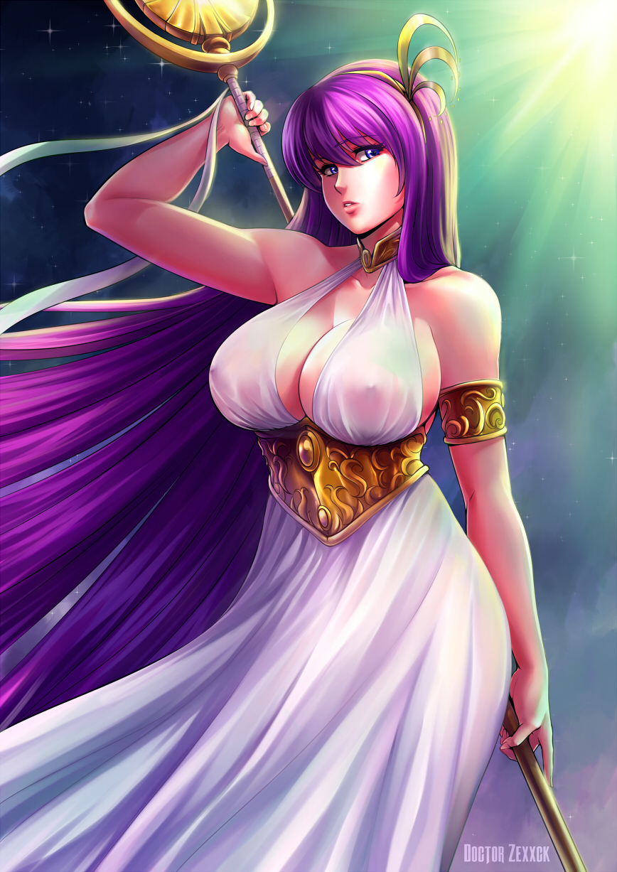 1girl armlet bare_shoulders breasts cleavage curvy doctorzexxck dress erect_nipples female hair_ornament highres kido_saori large_breasts lips long_hair looking_at_viewer no_bra purple_eyes purple_hair saint_seiya see-through solo staff standing star sun very_long_hair