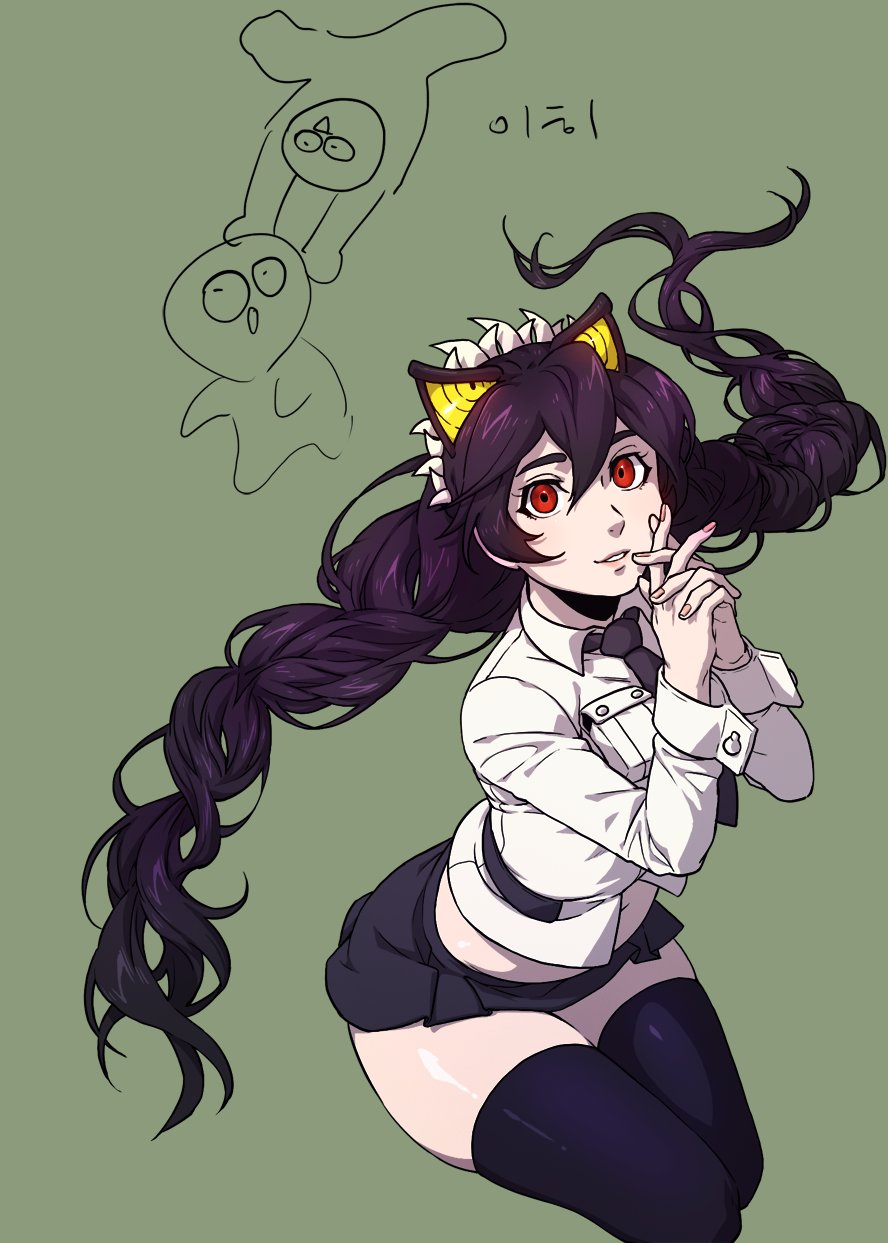 1girl black_hair braid filia_(skullgirls) ganno red_eyes samson_(skullgirls) skirt skullgirls twin_braids