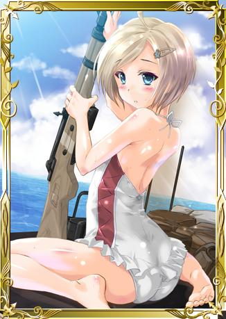 amy_apple backless_outfit blonde_hair blue_eyes casual_one-piece_swimsuit day gun hair_ornament holding holding_gun holding_weapon komatsu_eiji lowres ocean one-piece_swimsuit outdoors rifle senjou_no_valkyria senjou_no_valkyria_3 short_hair solo swimsuit weapon