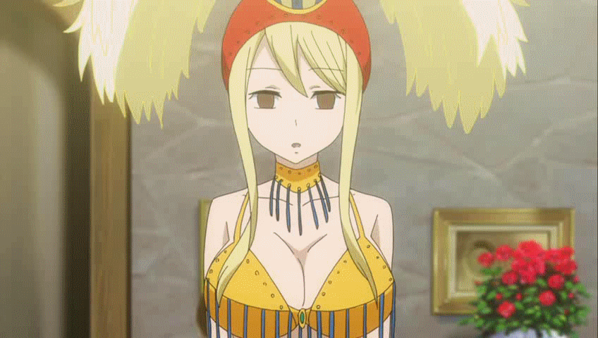 1girl animated animated_gif blonde_hair breast_smother breasts cleavage fairy_tail falling large_breasts lucy_heartfilia natsu_dragneel