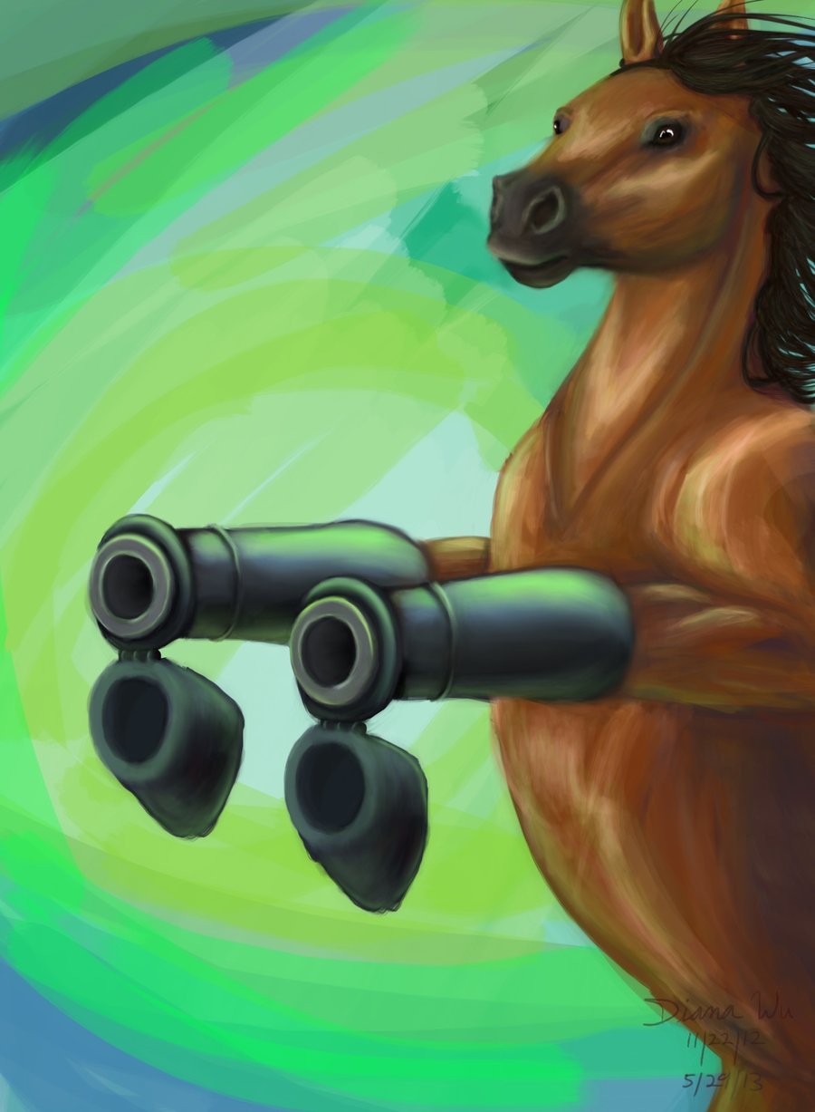 2013 ambiguous_gender black_hair cannon ceruulean equine feral green_background hair hand_cannons horse mammal ranged_weapon simple_background tagme weapon what what_has_science_done