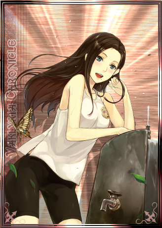 bike_shorts black_hair black_shorts blue_eyes bug butterfly collarbone copyright_name hand_in_hair insect kazabana_fuuka long_hair lowres mole mole_under_mouth open_mouth senjou_no_valkyria senjou_no_valkyria_2 shirt shorts sleeveless sleeveless_shirt sofia_collins solo t-shirt white_shirt