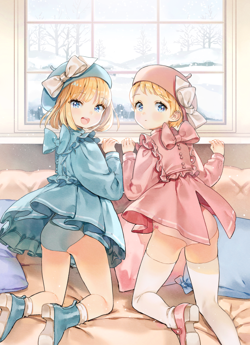 :d ancotaku aqua_bow aqua_dress aqua_panties ass bangs bare_tree beret blonde_hair blue_eyes blush boots bow check_commentary commentary_request couch dress eyebrows_visible_through_hair frilled_dress frills from_behind hands_up hat indoors kneeling looking_at_viewer looking_back matching_outfit multiple_girls on_couch open_mouth original panties pillow pink_bow pink_dress pink_panties short_hair smile snow socks thighhighs thighs tree underwear white_bow white_legwear window winter