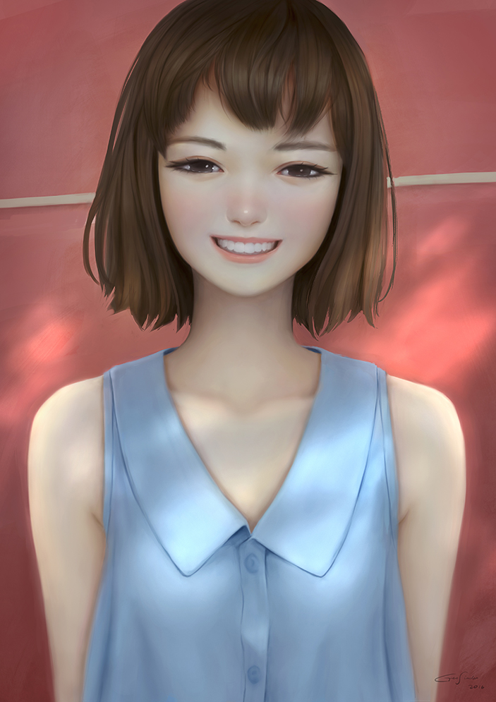 2016 artist_name asian blue_shirt brown_eyes brown_hair collarbone geo_siador grin head_tilt looking_at_viewer number original realistic shirt short_hair sleeveless sleeveless_shirt smile solo upper_body