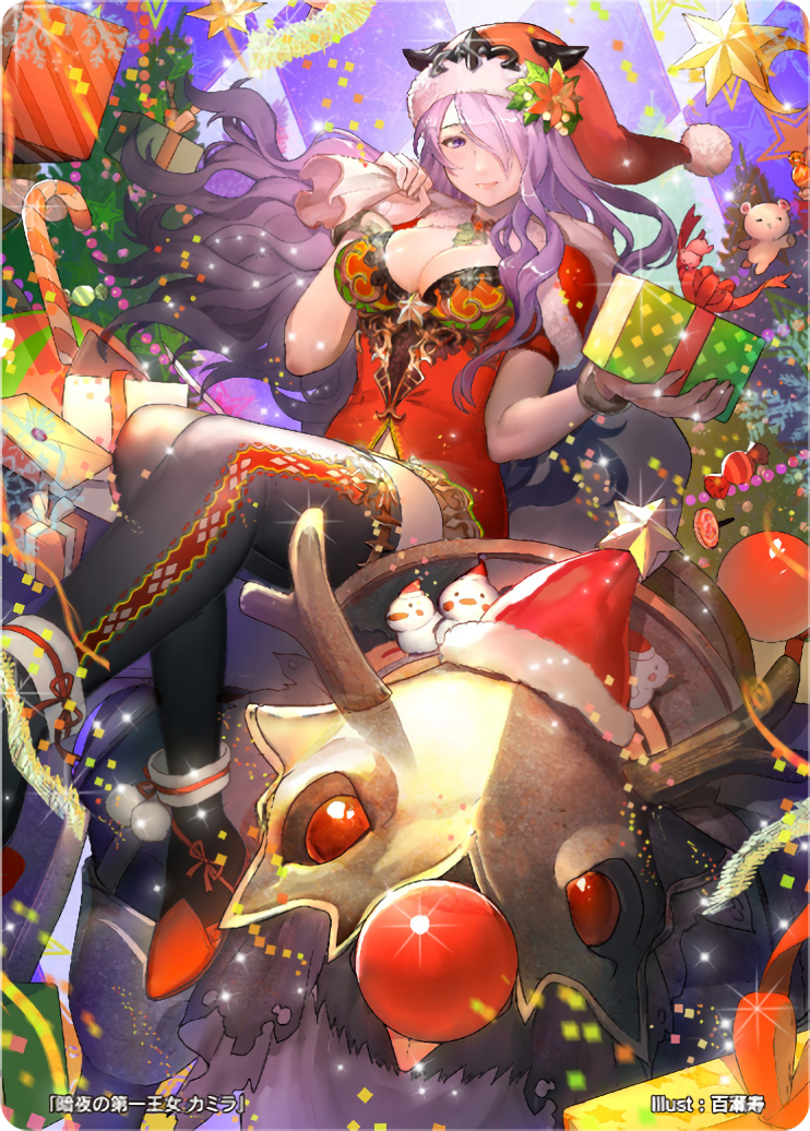 black_legwear box breasts camilla_(fire_emblem_if) christmas_ornaments christmas_tree cleavage dragon dress fire_emblem fire_emblem_cipher fire_emblem_if gift gift_box gloves hair_over_one_eye hat high_heels large_breasts light_smile lips long_hair looking_at_viewer marzia_(fire_emblem_if) momose_hisashi official_art purple_eyes purple_hair santa_costume santa_hat short_dress sparkle thighhighs thighs very_long_hair wavy_hair wyvern zettai_ryouiki