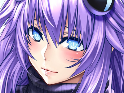 1girl blue_eyes blush bodysuit braid choujigen_game_neptune female lips long_hair looking_at_viewer lying neptune_(choujigen_game_neptune) neptune_(series) nyamota_(noraneko_koubou) power_symbol purple_hair purple_heart shiny shiny_hair shiny_skin smile symbol-shaped_pupils tied_hair twin_braids upper_body