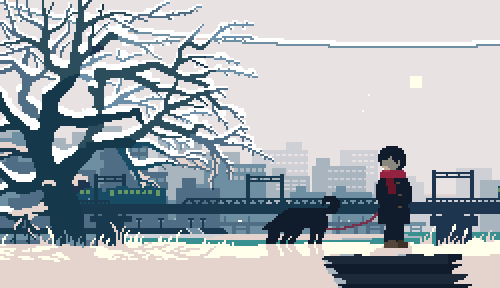 animated animated_gif black_hair blue_coat bridge city coat dog faceless grass ground_vehicle leash long_sleeves lowres original outdoors pantograph red_scarf scarf short_hair snow snowing standing sun toyoi_yuuta train tree winter