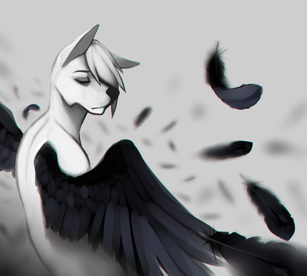 ambiguous_gender anthro bare_back black_feathers black_nose canine cyndi eyes_closed feathered_wings feathers fur hair mammal nude simple_background solo white_fur white_hair wings wolf