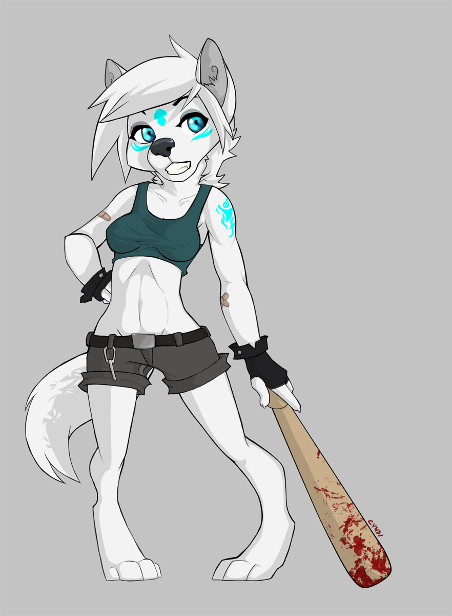 anthro blood blue_eyes canine clothed clothing cyndi cyndi_(character) digitigrade female fur grey_background grey_nose hair holding_object holding_weapon mammal markings navel simple_background smile solo weapon white_fur white_hair wide_hips wolf