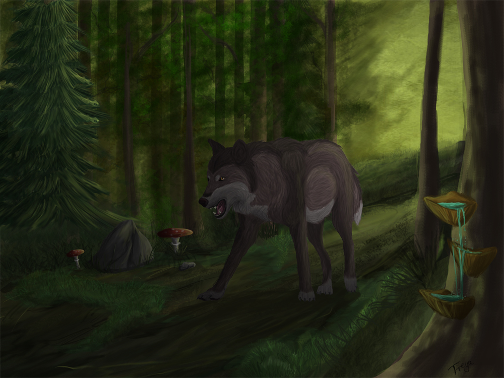 ambiguous_gender black_nose canine cyndi detailed_background feral forest fur grey_fur mammal nude open_mouth solo standing teeth tree water wolf yellow_eyes