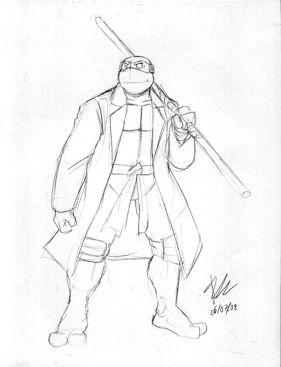 2008 2_toes 3_fingers anthro barefoot biped black_and_white clothed clothing coat donatello_(tmnt) empty_eyes featureless_crotch full-length_portrait hi_res holding_object holding_weapon knee_pads male mask melee_weapon monochrome naturally_censored pencil_(artwork) plantigrade portrait reptile scalie signature simple_background sketch solo staff standing teenage_mutant_ninja_turtles tigerfog toes traditional_media_(artwork) turtle weapon white_background
