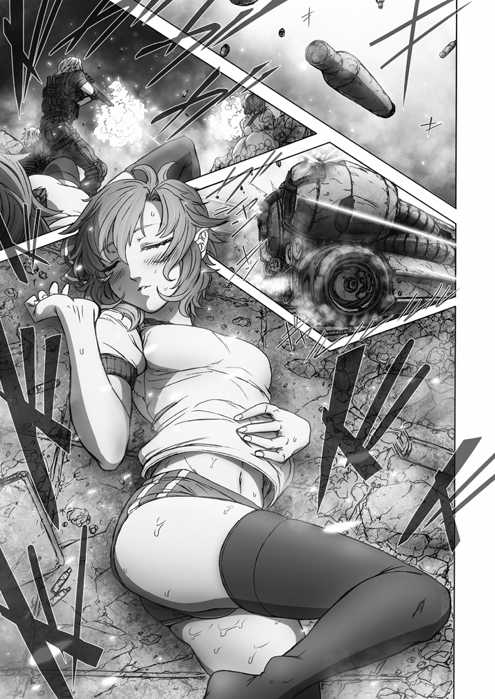 blush breasts buruma closed_eyes comic fire firing greyscale gym_uniform hand_on_own_stomach hong_meiling imizu_(nitro_unknown) lying monochrome multiple_girls navel on_back on_ground remilia_scarlet rubble shell_casing shirt short_hair small_breasts smoke sweat t-shirt tactical_clothes thighhighs touhou translation_request