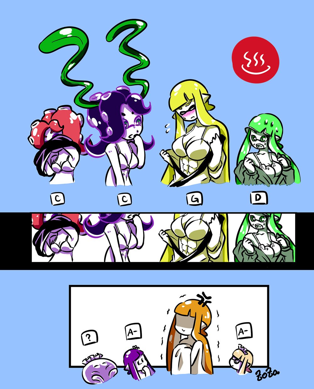 abs anger_vein artist_name bangs blonde_hair blunt_bangs blush bra breast_envy bust_chart candy_(zoza) closed_eyes crazy_(zoza) domino_mask faceless faceless_female flying_sweatdrops frightening_(zoza) green_eyes green_hair highres hood hoodie inkling japanese_clothes jellyfish_(splatoon) logo lollipop_(zoza) long_hair looking_at_another maid_headdress mask multiple_girls octarian octoling onsen open_mouth orange_hair pancake_(zoza) parted_lips partially_colored pointy_ears pretty_(zoza) pudding_(zoza) purple_eyes purple_hair red_hair seaweed signature splatoon_(series) splatoon_1 sweatdrop tentacle_hair trembling underwear undressing waffle_(zoza) white_hair zoza