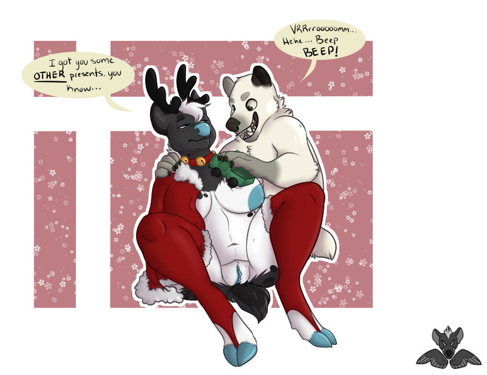 annoyed antlers bear big_breasts breasts cervine christmas clothing collar deer female happy holidays hooves horn legwear magpiehyena magpiehyena_(character) male mammal playing polar_bear pussy reindeer slightly_chubby text thigh_highs toy