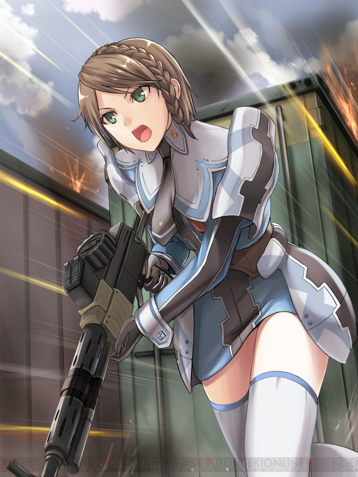 brown_hair franca_martin green_eyes gun holding holding_gun holding_weapon military military_uniform open_mouth outdoors rifle senjou_no_valkyria senjou_no_valkyria_2 short_hair solo tea_(nakenashi) thighhighs uniform watermark weapon white_legwear zettai_ryouiki