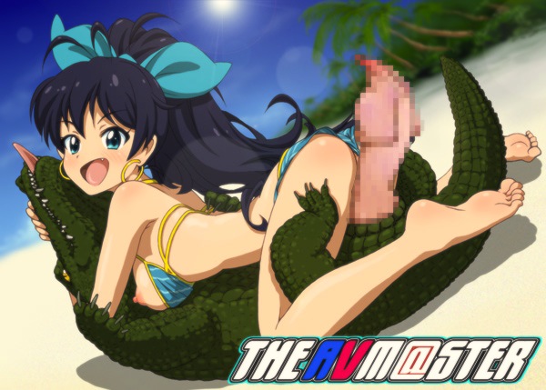 bestiality big_breasts bikini black_hair blue_eyes breasts censored clothing cowgirl_position erection female feral hair human lizard male mammal on_top penis reptile scalie sex swimsuit toyomaru