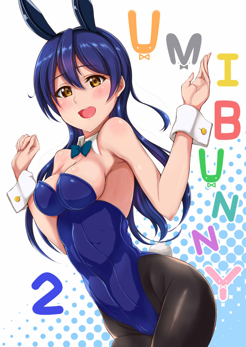 animal_ears black_legwear blue_hair bow bowtie bunny_ears bunny_tail bunnysuit ca_ba_ya_ki detached_collar highres long_hair looking_at_viewer love_live! love_live!_school_idol_project open_mouth pantyhose solo sonoda_umi tail wrist_cuffs yellow_eyes