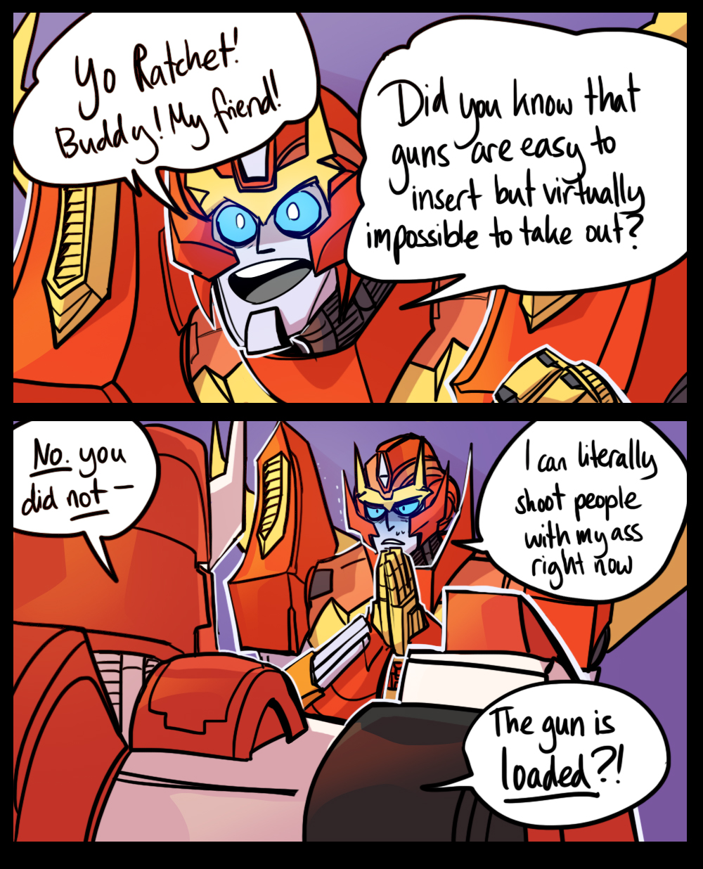 ! ? alien autobot blue_eyes comic cybertronian dialogue digital_media_(artwork) duo english_text happy humanoid humor living_machine machine male not_furry open_mouth ratchet_(transformer) rodimus schandbringer simple_background smile standing teeth text transformers what