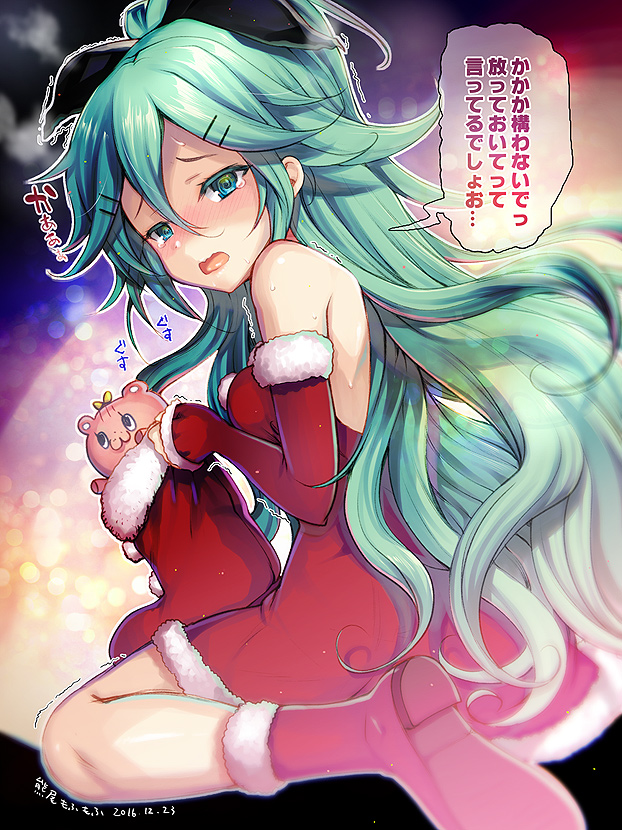 2016 :3 @_@ alternate_costume arm_warmers artist_name bare_shoulders black_bow blurry blurry_background blush boots bow breasts colored_eyelashes commentary_request dated dress embarrassed from_behind green_hair hair_between_eyes hair_bow hair_ornament hairclip hanao_(kuma-tan_flash!) holding kantai_collection long_hair looking_at_viewer red_dress red_footwear santa_boots santa_costume shiny shiny_skin sitting small_breasts solo speech_bubble strapless strapless_dress stuffed_toy talking teardrop text_focus translated very_long_hair wariza yamakaze_(kantai_collection)