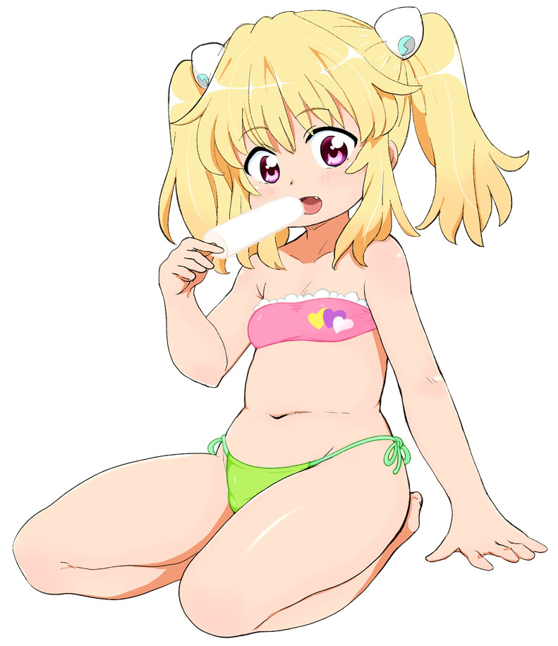 1girl aquarion_logos arm_support bikini blonde_hair blush child collarbone daiou fang flat_chest full_body heart heart_print ice_cream looking_at_viewer midriff navel open_mouth purple_eyes shiny shiny_skin side-tie_bikini simple_background solo swimsuit twintails uminagi_karan white_background