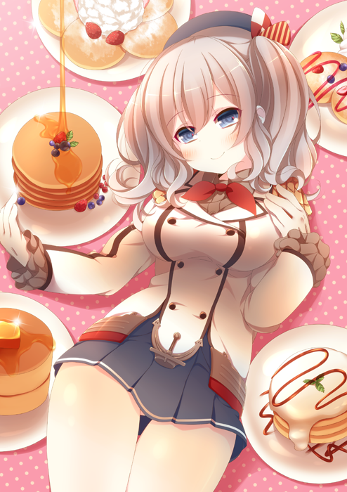 anju_(mocomocousagi) bad_id bad_pixiv_id bangs blue_eyes blue_skirt blueberry blush breasts buttons closed_mouth epaulettes eyebrows_visible_through_hair food fruit hair_between_eyes head_tilt kantai_collection kashima_(kantai_collection) long_sleeves looking_at_viewer medium_breasts miniskirt pancake pink_background plate pleated_skirt polka_dot polka_dot_background silver_hair skirt smile solo strawberry syrup twintails whipped_cream