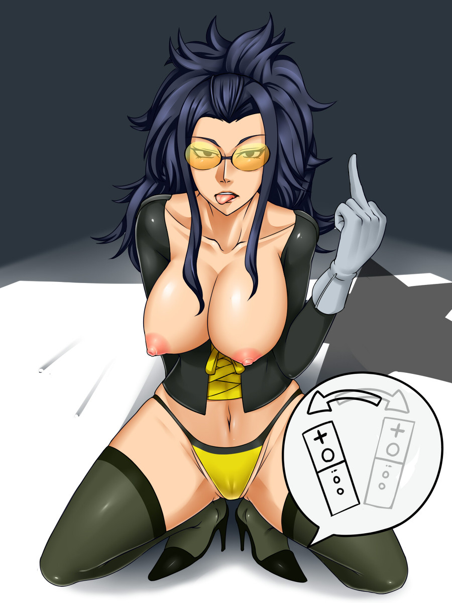 big_boobs breasts camel_toe cameltoe dr._naomi dr_naomi fishneak glasses grasshopper_manufacture high_heels highheels highres kuro_fn large_breasts legwear middle_finger nintendo nipples no_more_heroes panties ripped_clothes shoes stockings thighhighs torn_clothes underwear wii wii_mote wiimote