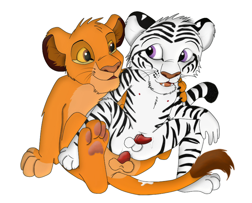 brown_eyes cub disney feline feral feral_on_feral gay lion male mammal plain_background purple_eyes sex simba the_lion_king tiger unknown_artist white_background white_tiger young