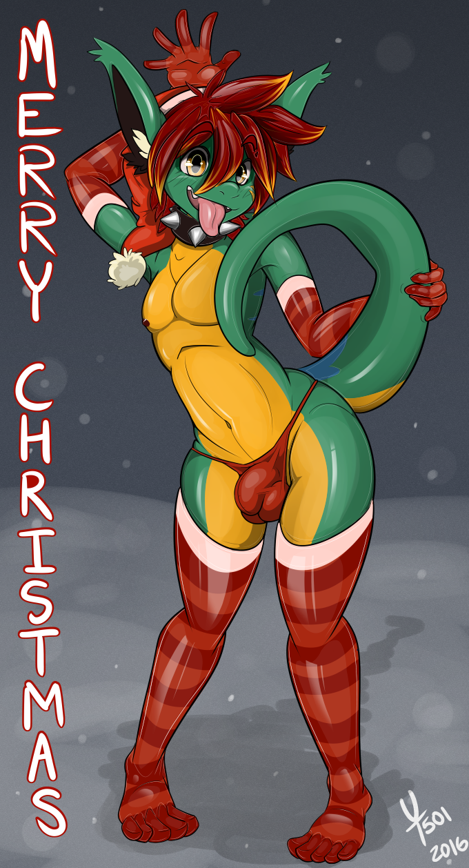 2016 anthro bulge christmas clothed clothing collar elbow_gloves front_view girly gloves green_skin hair hat highlights holding_tail holidays hybrid legwear looking_at_viewer male navel nipples orange_eyes outside plantigrade pose raised_arm raised_tail red_hair reptile santa_hat scalie skimpy smile snow solo spiked_collar spikes standing stockings teasing thong tongue tongue_out trooper_(yifftrooper501) wide_hips yellow_highlights yellow_skin yifftrooper501