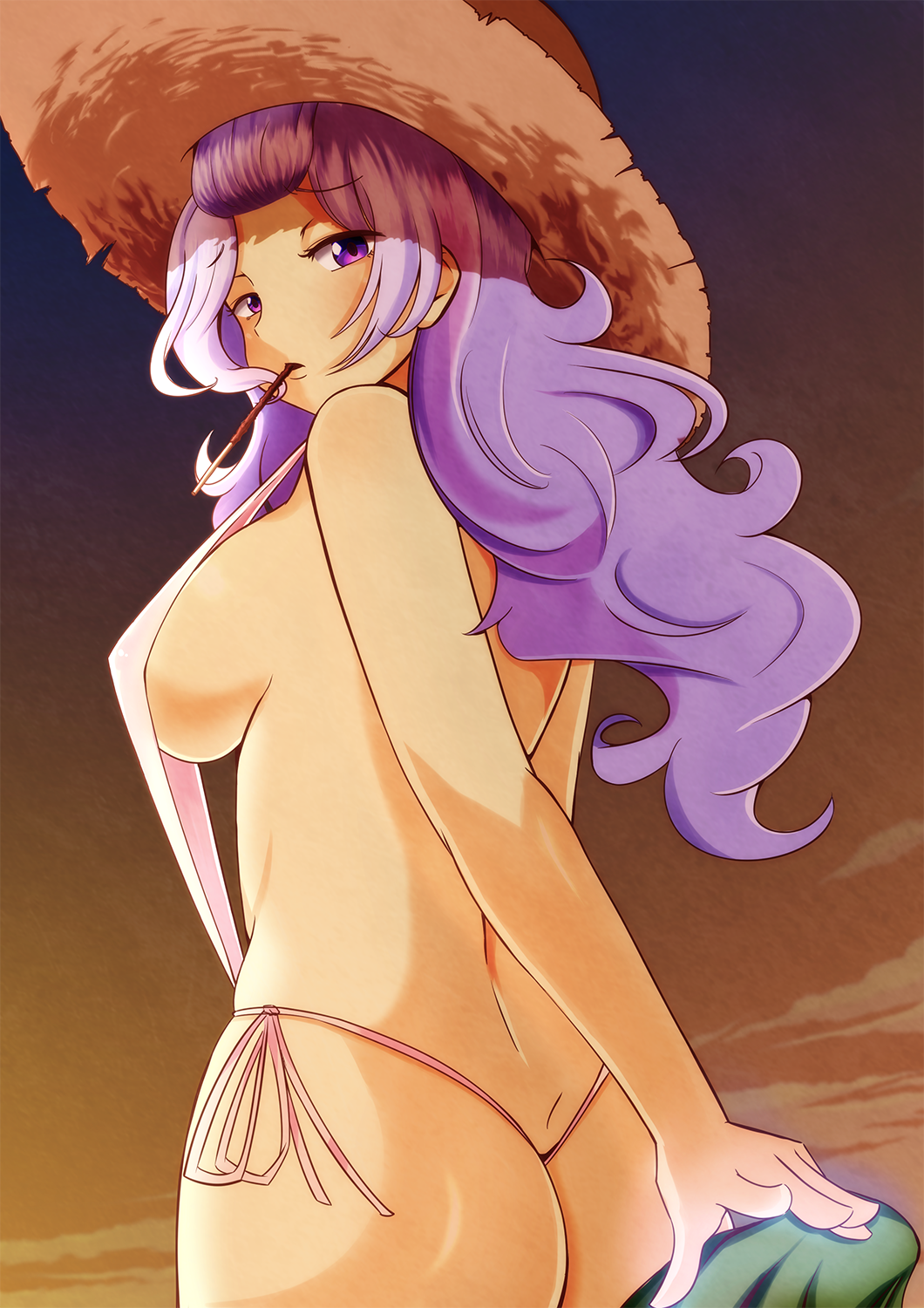 ass bare_shoulders bikini breasts cloud cloudy_sky demon89 food from_behind hat highres large_breasts long_hair looking_at_viewer looking_back mouth_hold pocky purple_eyes purple_hair sannomiya_shiho side-tie_bikini sideboob sky slingshot_swimsuit solo strap_gap straw_hat swimsuit wavy_hair zettai_karen_children