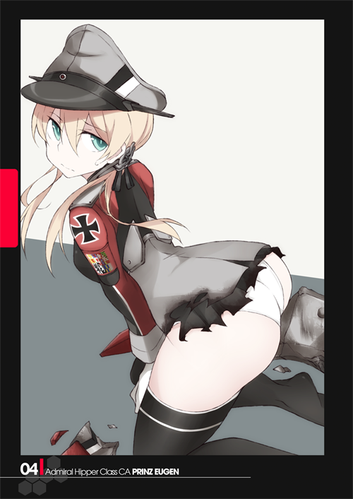 anchor_hair_ornament ass black_legwear blonde_hair green_eyes hair_ornament hat iron_cross kantai_collection kneeling low_twintails microskirt military military_hat military_uniform panties peaked_cap prinz_eugen_(kantai_collection) skirt solo souji thighhighs torn_clothes twintails underwear uniform white_panties