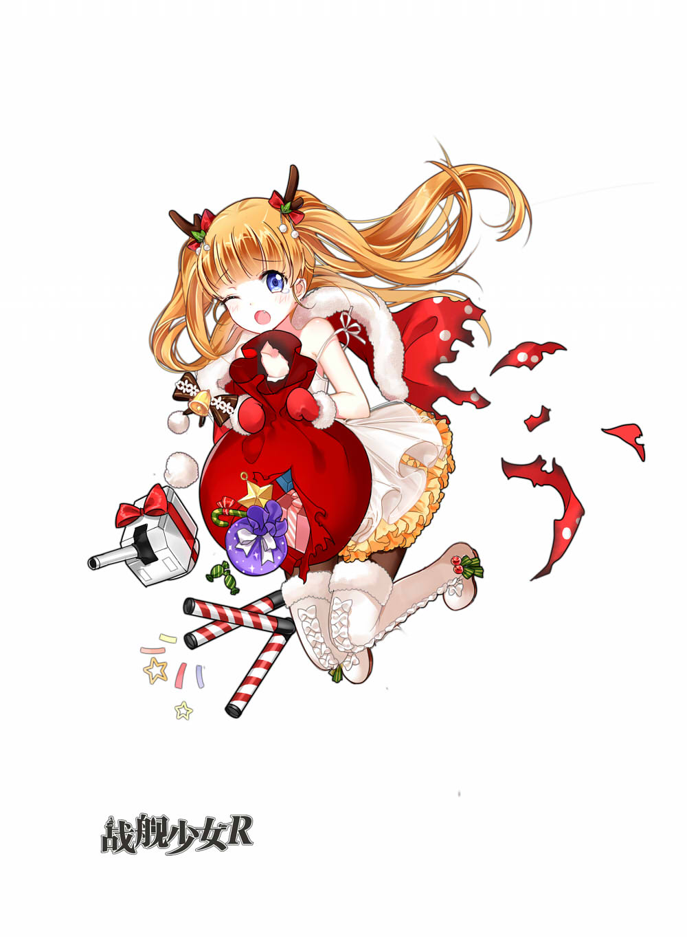 alternate_costume antlers bangs bell blonde_hair blue_eyes blunt_bangs blush boots bow box brown_legwear candy candy_cane cannon capelet carrying_bag copyright_name dress eyebrows_visible_through_hair fang food frilled_boots frilled_dress frills full_body fur_trim gift gift_box gloves green_bow green_ribbon highres jumping legs_up long_hair looking_at_viewer mana_(418208360) mittens official_art one_eye_closed open_mouth pantyhose polka_dot polka_dot_dress red_gloves reindeer_antlers ribbon sack solo tears text_focus thatcher_(zhan_jian_shao_nyu) thigh_boots thighhighs torn_clothes torn_sack torpedo turret twintails white_background white_dress white_footwear zhan_jian_shao_nyu