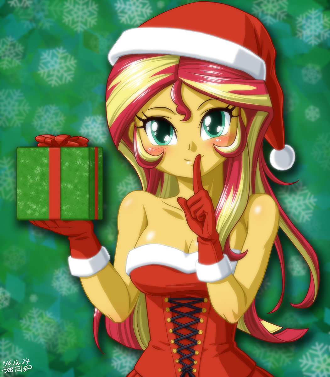 1girl christmas cleavage cyan_eyes gloves my_little_pony my_little_pony_equestria_girls my_little_pony_friendship_is_magic present red_hair santa_costume santa_hat shushing sunset_shimmer tagme two-tone_hair uotapo yellow_skin