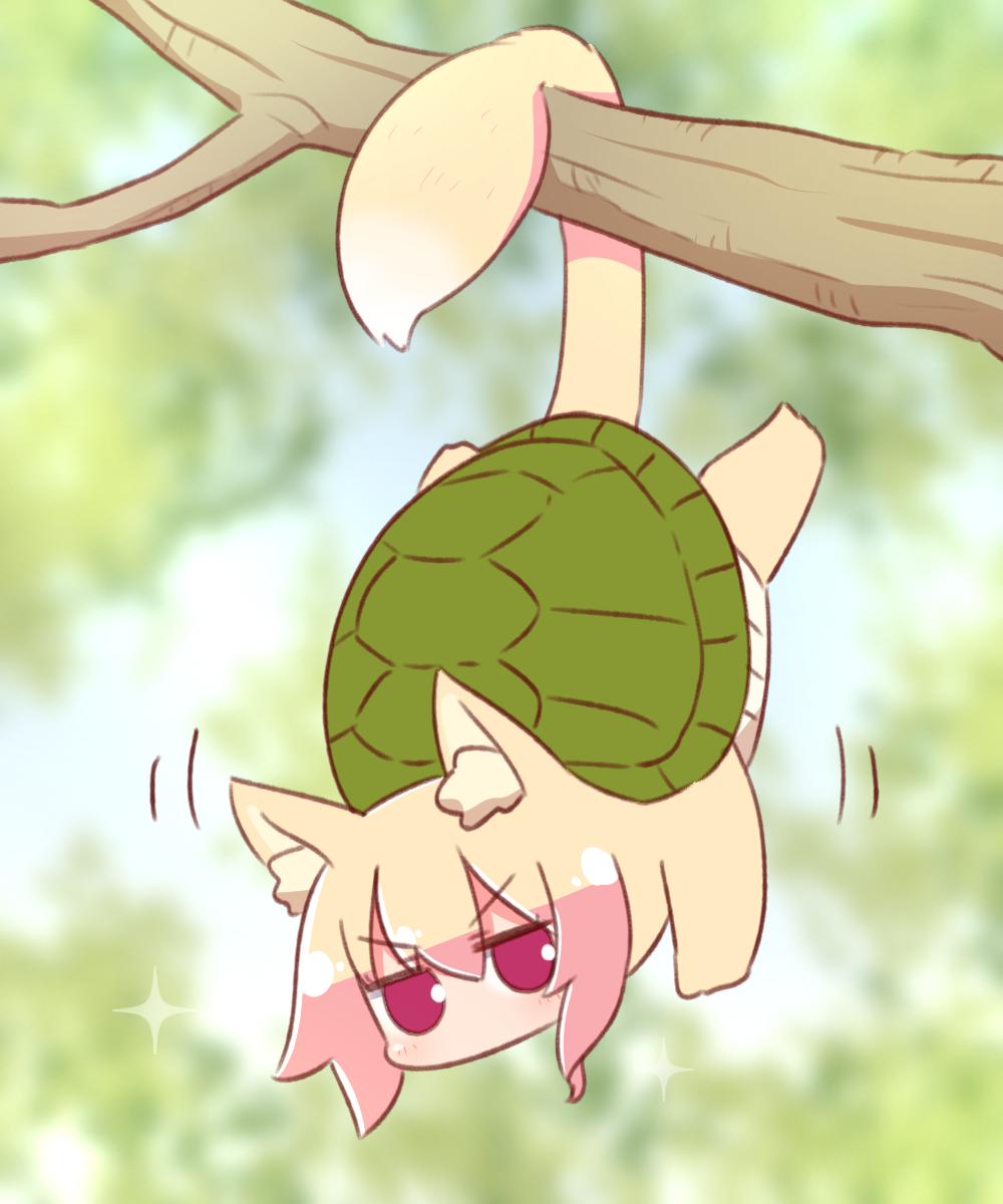 animal_ear_fluff animal_ears fox fox_ears fox_girl fox_tail hair_bun hanging highres kemomimi-chan_(naga_u) naga_u original red_eyes tail tree turtle turtle_shell