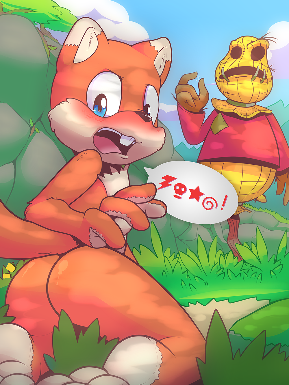 anthro blush buckteeth butt conker conker's_bad_fur_day embarrassed kneeling looking_back male mammal nude rexin rodent solo_focus speech_bubble squirrel teeth video_games wide_eyed