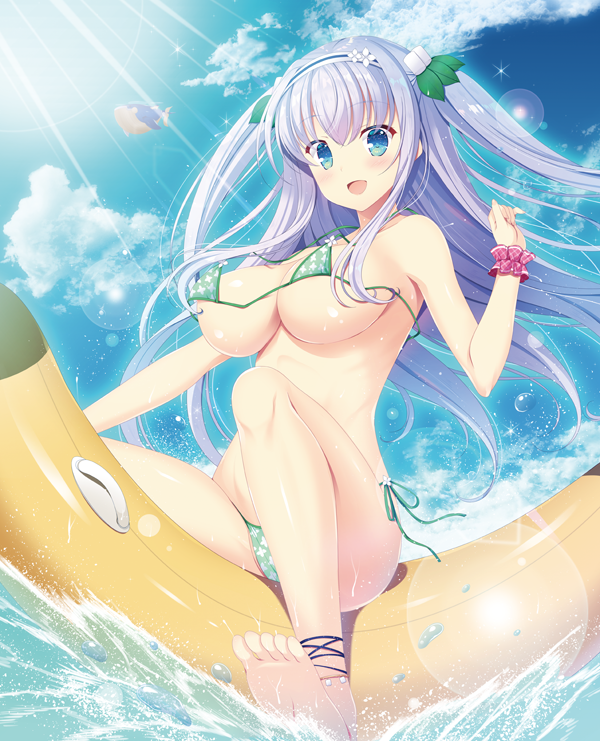 :d ankle_wrap banana_boat bangs bare_arms bare_shoulders barefoot bikini blue_eyes blush breasts cloud collarbone commentary_request day eyebrows_visible_through_hair floating_hair floral_print flower_knight_girl hair_ornament hairband kinutasou_(flower_knight_girl) large_breasts lavender_hair leaf_hair_ornament lens_flare light_particles long_hair naruse_mamoru ocean open_mouth outdoors scrunchie shiny shiny_skin side-tie_bikini sitting sky smile soles solo splashing summer sunlight swimsuit tareme twintails underboob untied untied_bikini very_long_hair wardrobe_malfunction water water_drop wrist_scrunchie