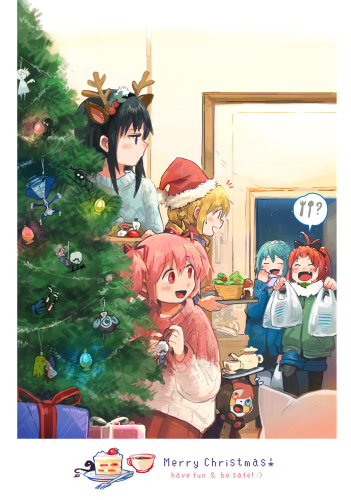 akemi_homura anthony_(madoka_magica) antlers cake character_request charlotte_(madoka_magica) christmas christmas_tree commentary_request cup familiar_(madoka_magica) fang food fork gertrud_(madoka_magica) gift hat kaname_madoka kyubey lilia_(madoka_magica) lotte_(madoka_magica) mahou_shoujo_madoka_magica miki_sayaka multiple_girls ornament patricia_(madoka_magica) pyotr_(madoka_magica) reindeer_antlers sakura_kyouko santa_hat silverxp smile soul_gem sweater tea teacup teapot tomoe_mami walpurgisnacht_(madoka_magica) witch_(madoka_magica)