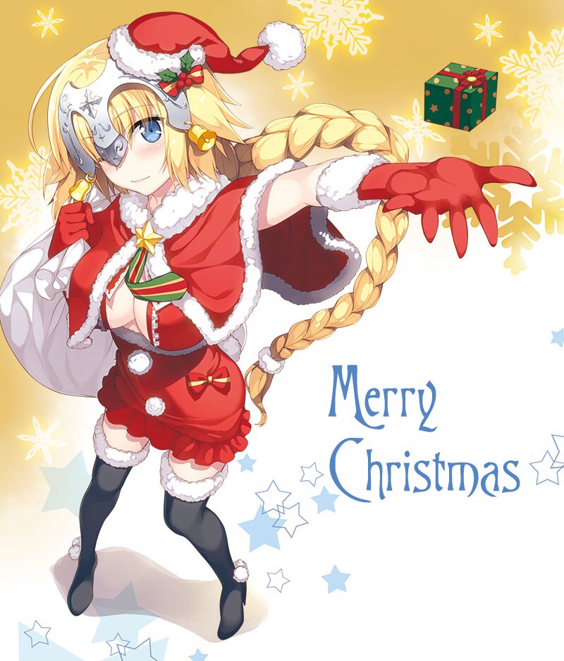 bell black_footwear black_legwear blonde_hair blue_eyes boots bow box braid breasts capelet christmas commentary_request fate/apocrypha fate_(series) fujima_takuya fur_trim gift gift_box gloves hat jeanne_d'arc_(fate) jeanne_d'arc_(fate)_(all) large_breasts long_hair looking_at_viewer merry_christmas one_eye_closed outstretched_arm pom_pom_(clothes) red_gloves sack santa_costume santa_hat snowflakes solo thigh_boots thighhighs zettai_ryouiki