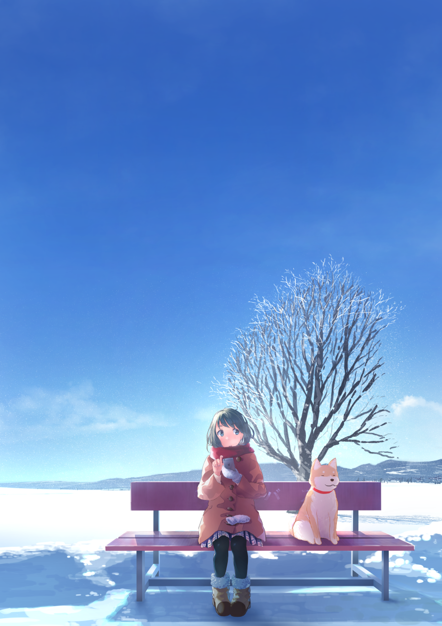 bare_tree bench black_hair black_legwear boots cellphone cloud coat cold commentary day dog field gloves highres hill horizon iphone looking_to_the_side original pantyhose phone pigeon-toed plaid plaid_skirt scarf scenery shadow short_hair sitting skirt sky smartphone snow solo sunlight tabata_mihira tree winter winter_clothes