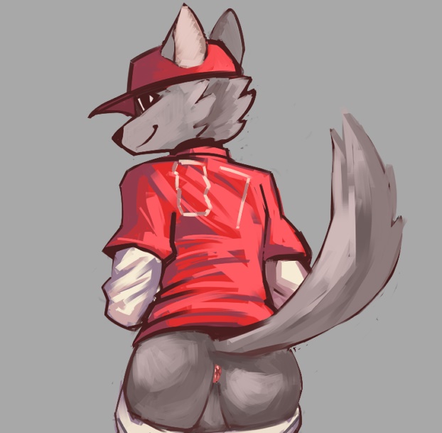 anthro anus backsack balls butt canine clothed clothing fur grey_fur grin hat looking_back male mammal nilsig shirt simple_background solo t-shirt wolf